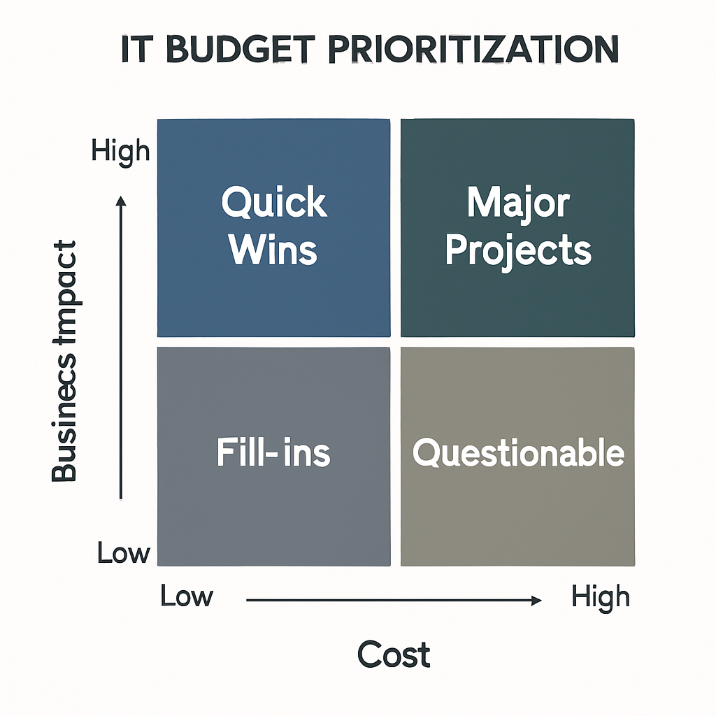 IT Budget Prioritization Matrix showing a 2x2 grid categorizing initiatives based on business impact versus cost, with quadrants for Quick Wins, Strategic Investments, Fill-ins, and Questionable projects