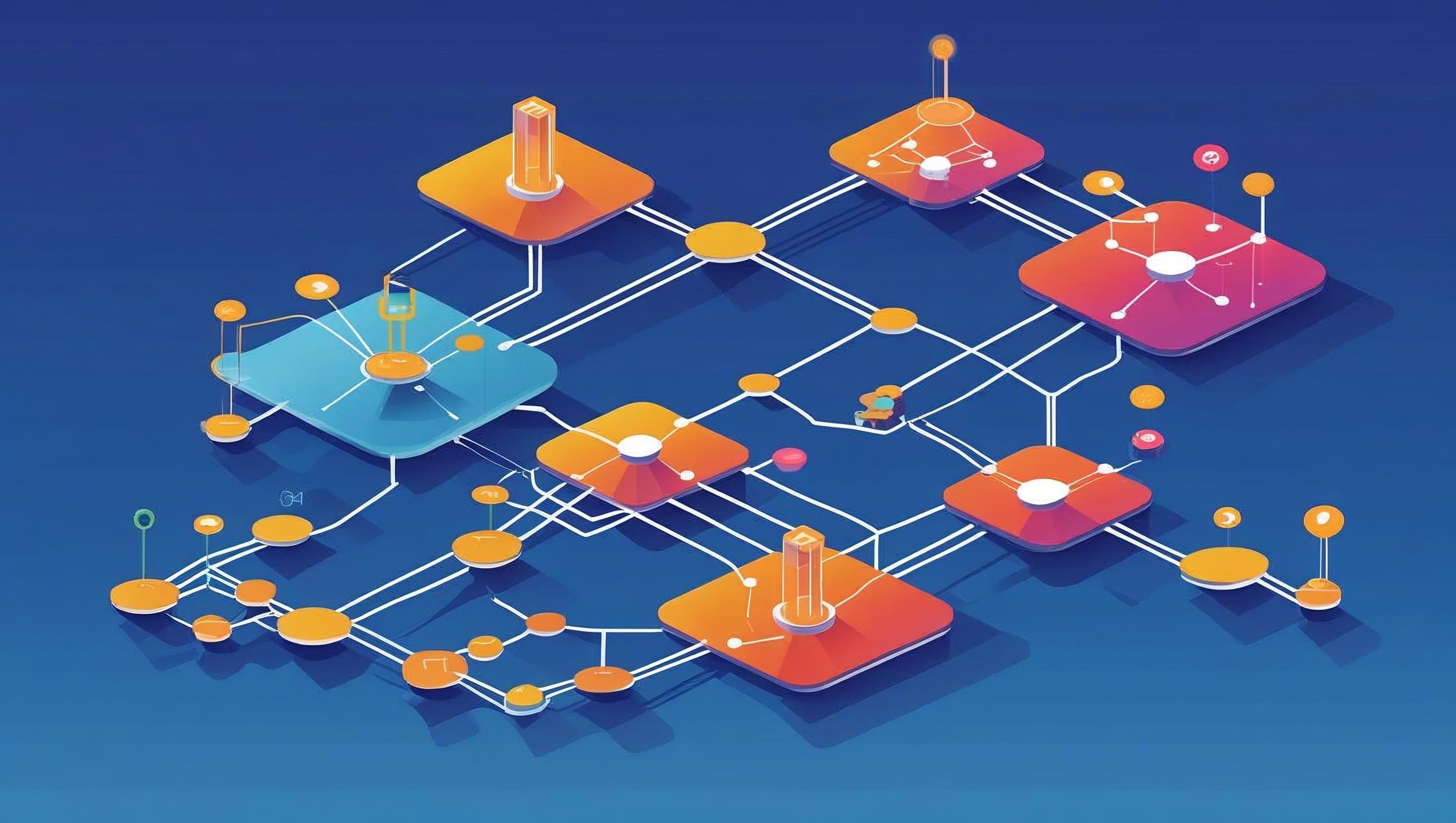 QoS Network Architecture Diagram - Isometric view of enterprise network infrastructure showing interconnected network nodes, switches, and traffic flow paths with colorful gradient design